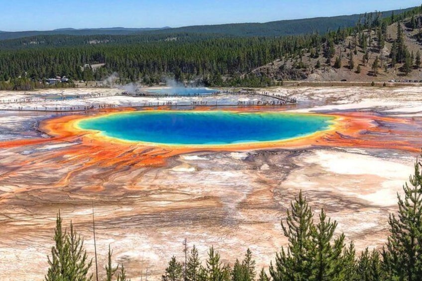 En geotermisk varm källa med en intensivt blå mitt och omgiven av orange och vita mineralavlagringar. 4