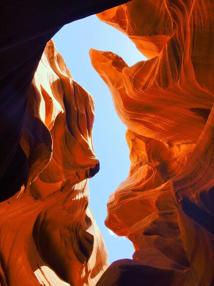A canyon with red rock formations and a clear blue sky. 4