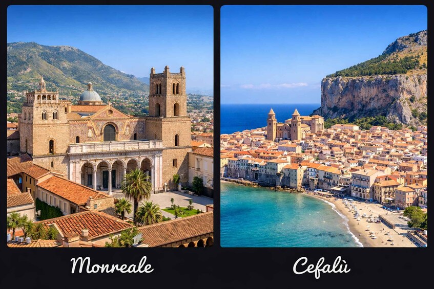 A historic church with a bell tower and a coastal town with a beach and cliffs. 1