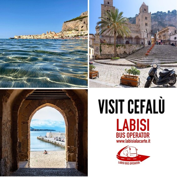 A coastal town with a historic tower, a beach with a stone archway, and a clear view of the sea. 2