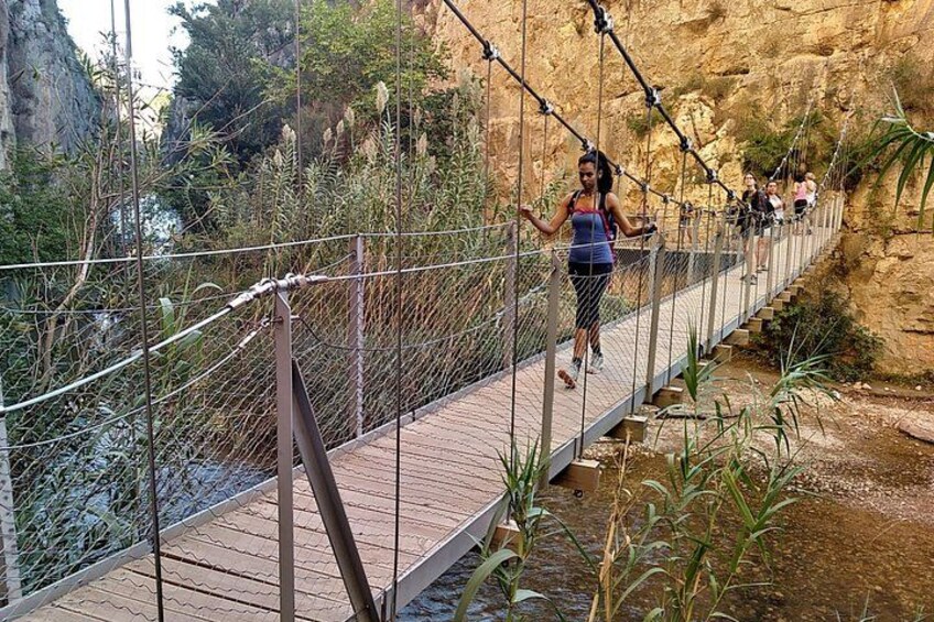 A suspension bridge over a river with people walking on it. 1