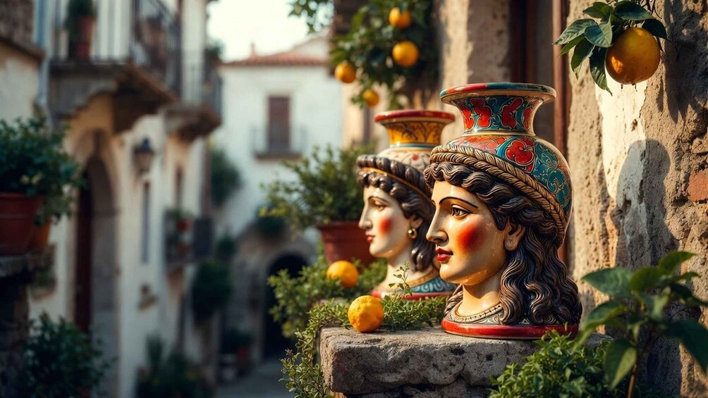 Terracotta vases with floral patterns, a narrow street, and a building with a balcony. 4