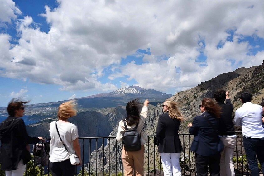 A group of people observing a mountain with a snow-capped peak. 3