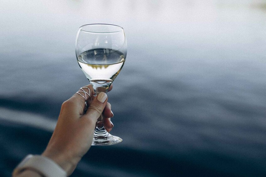A hand holding a wine glass with a blurred background. 2