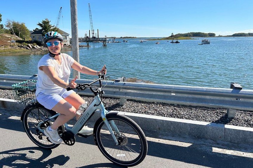 A person riding a bicycle on a paved path by a body of water with boats and a bridge in the background. 1
