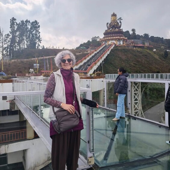 A person standing on a glass bridge with a statue in the background. 4