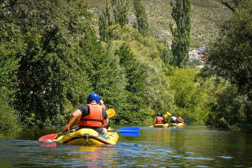 People kayaking on a river surrounded by dense greenery. 5