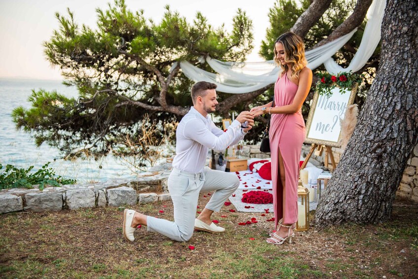 A man kneeling with a ring, a woman standing, and a 'Marry me?' sign, by a tree by the sea. 2