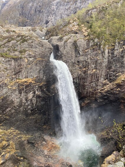 A waterfall cascading down a rocky cliff surrounded by sparse vegetation. 3
