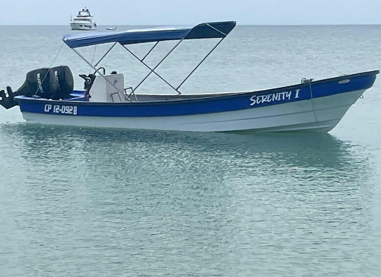 A blue and white boat named 'SERTNITY I' with a cabin and outboard motor, floating on calm water. 1
