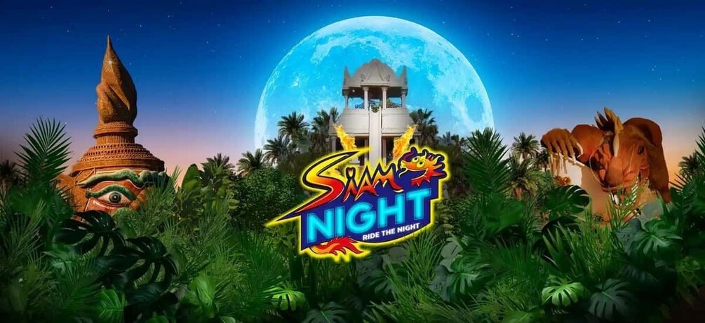 A night scene with a large moon, a temple, and a sign that reads 'Slam Night.' 1
