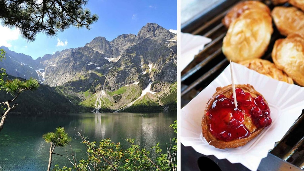 A mountainous landscape with a lake and a pastry with cherry filling. 1