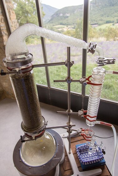 A laboratory setup with a distillation apparatus, a beaker, and a window with a view of a green landscape. 3