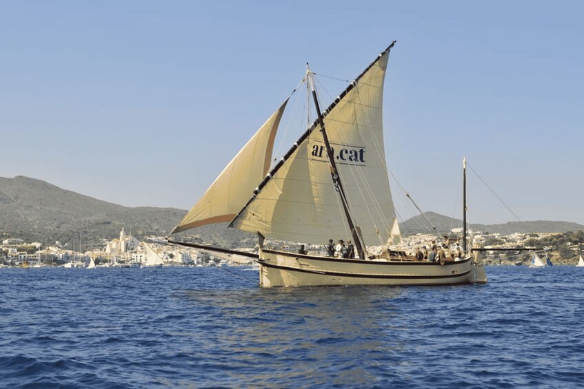 A sailboat with the name 'artcat' on its sails, sailing on a body of water with a coastal town and hills in the background. 1