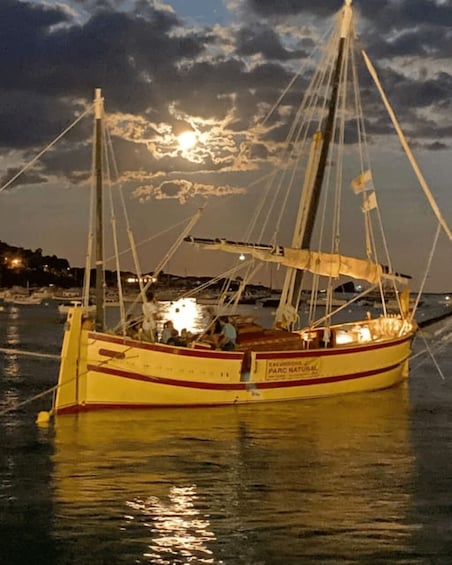A yellow boat with 'PARC NATURAL' written on it, anchored near a waterfront with buildings in the background. 4