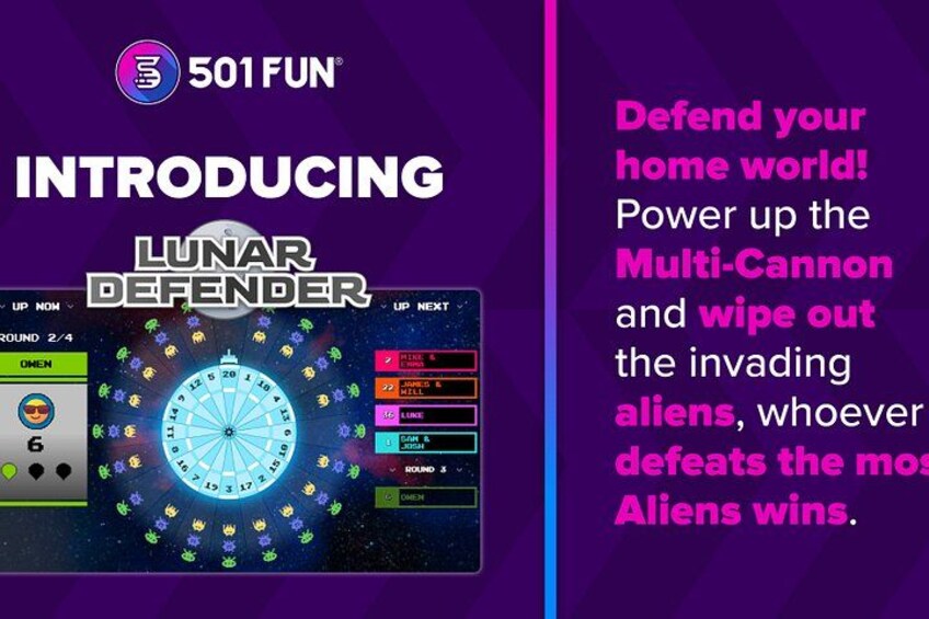 A game interface for Lunar Defender with a wheel of fortune, score counter, and a 'Defend your home world' text. 5