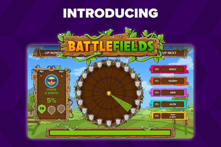 A game interface with a battle wheel, character stats, and a progress bar. 2