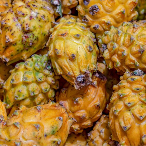A close-up of a fruit with a rough, bumpy texture and a yellow-orange color. 3