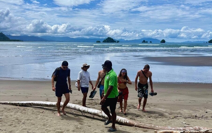 A group of people walking on a beach with a calm sea and distant islands in the background. 1