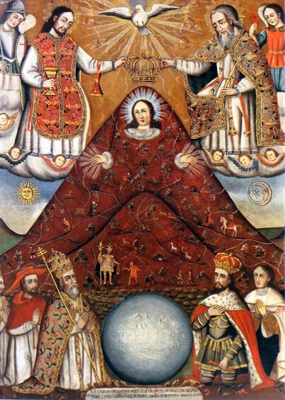 A religious icon with a central figure surrounded by angels, saints, and a globe. 1