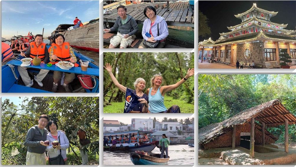 People on a boat, a traditional building, a bamboo forest, and a thatched hut. 1