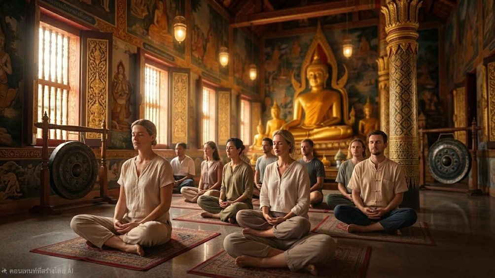 A group of people meditating in a temple with golden statues and intricate wall designs. 4