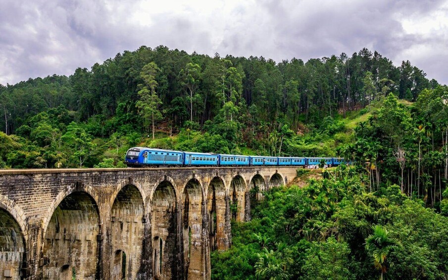A blue train on an old stone bridge over a forested area. 3