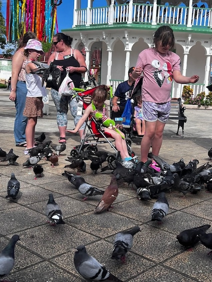 A group of people feeding pigeons in a plaza with a white building in the background. 3