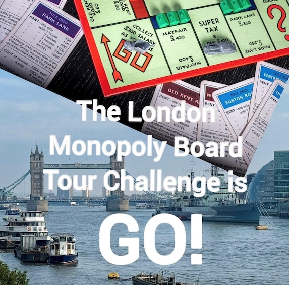 A London Monopoly board game with a view of the Tower Bridge in the background. 2