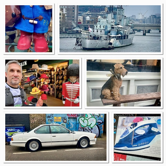 A collage of various scenes including a person in a blue coat, a ship, a store with hats, a dog statue, a white car, and an ironing board. 5
