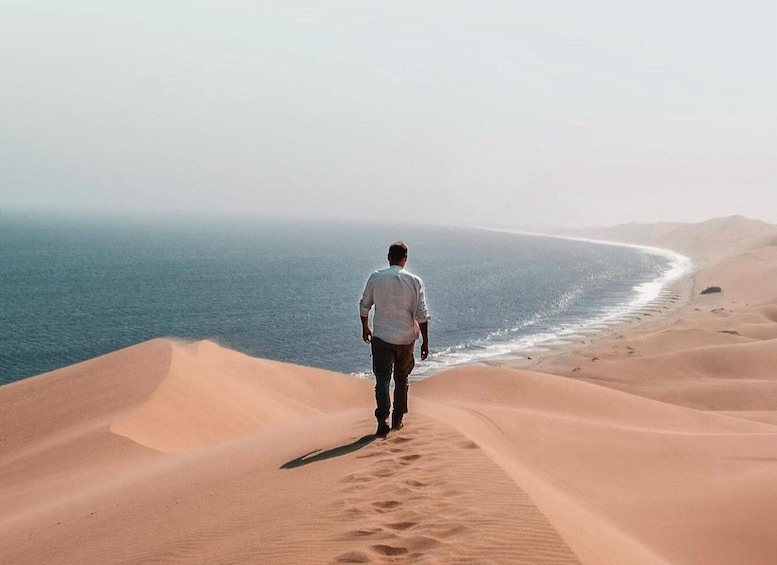A person walking on a sand dune towards a beach. 1