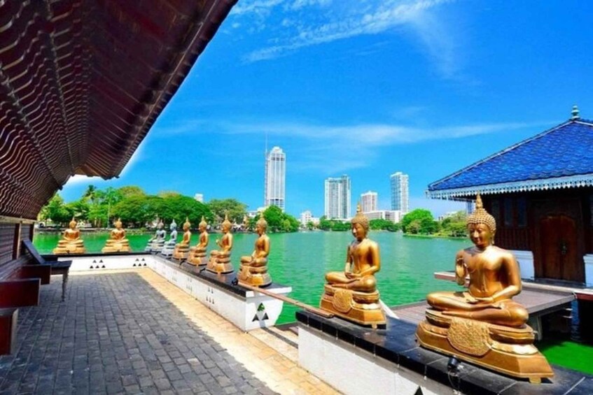 Golden Buddha statues lined up along a riverside walkway with a cityscape in the background. 1