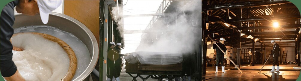 A person handling a large pot of boiling liquid, a steam vent, and a person cleaning a wooden floor. 3