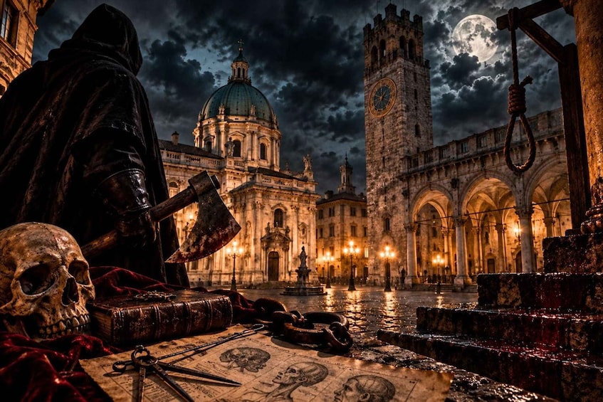 A gothic cathedral with a large dome and a clock tower under a full moon. 1