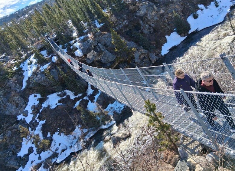 A suspension bridge over a rocky terrain with snow patches. 3