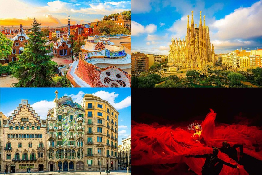 A collage of Barcelona landmarks including Park Güell, Sagrada Familia, Casa Batlló, and a flamenco performance. 1