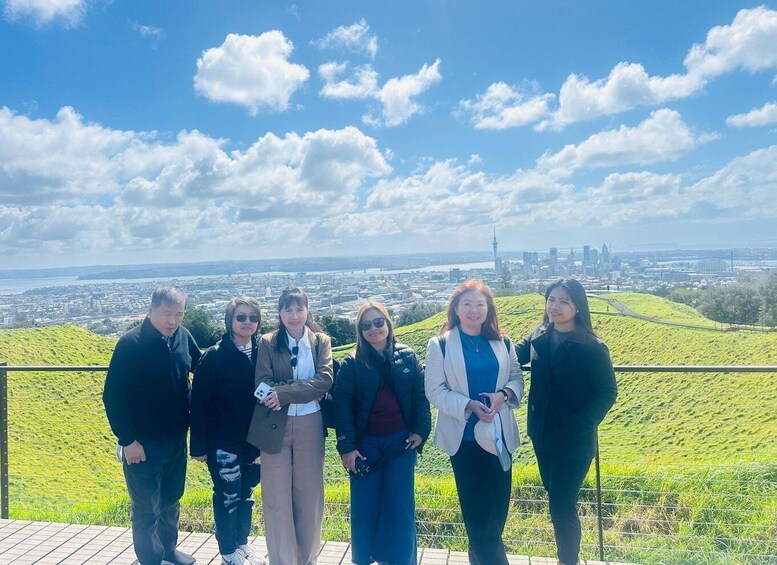 A group of people standing on a grassy hill overlooking a cityscape with a prominent tower. 3