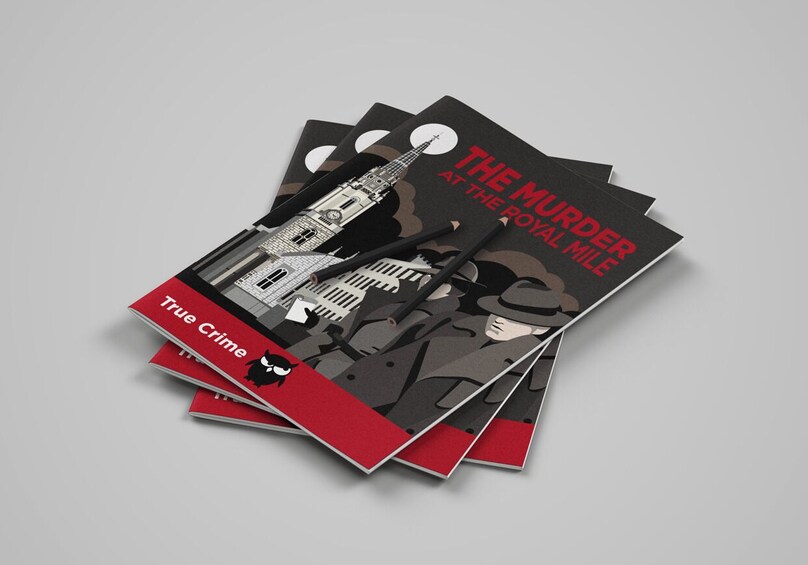 A stack of booklets with a building illustration and the text 'The Murder at the Royal Mile.' 2