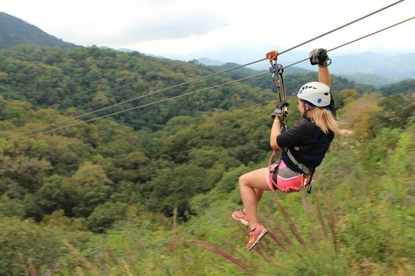A person zip-lining over a forested landscape. 1