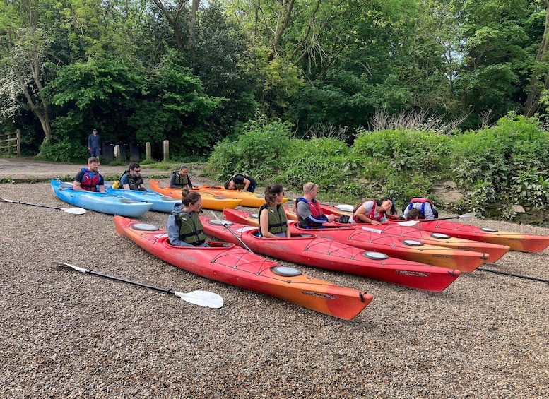 People in kayaks on a gravel path with trees in the background. 1