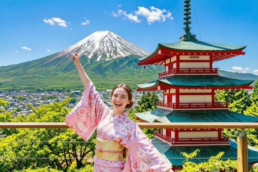 A person in a kimono with Mount Fuji and a traditional Japanese pagoda in the background. 1