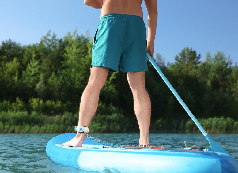 A person standing on a blue paddleboard in a body of water with trees in the background. 3