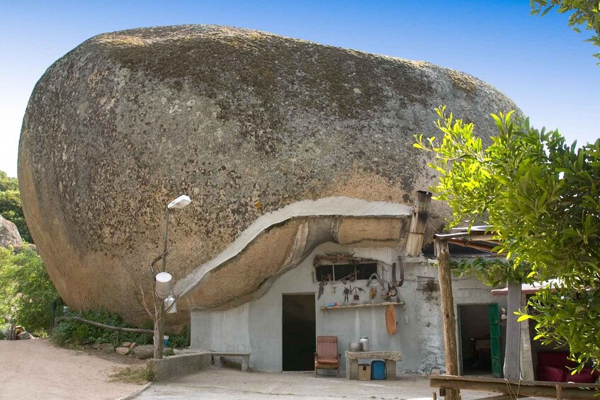 A large rock with a small house built into its base, surrounded by greenery. 4