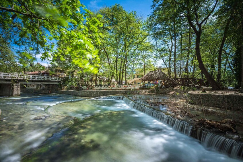 A river flowing through a park with trees and a bridge. 2