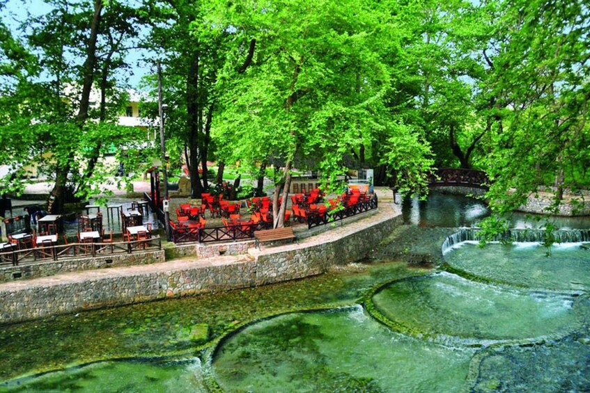 A park with a red train, green trees, and a pond. 3