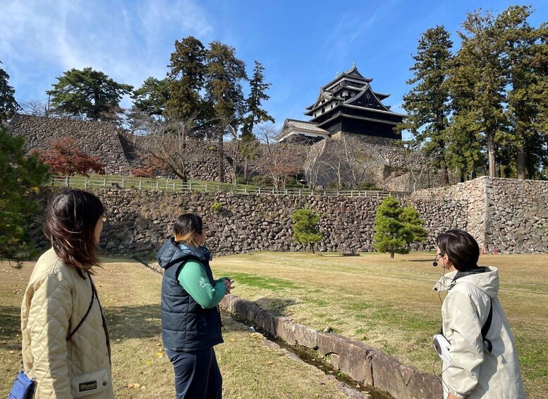 A traditional Japanese castle with a stone wall and a grassy area in front. 2