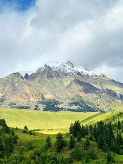 A mountain range with snow-capped peaks, a valley with green fields, and a cloudy sky. 5