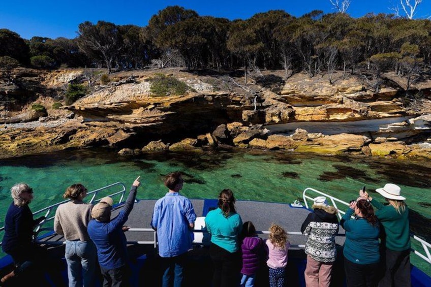 A group of people on a boat, looking at a rocky coastline with clear water. 4