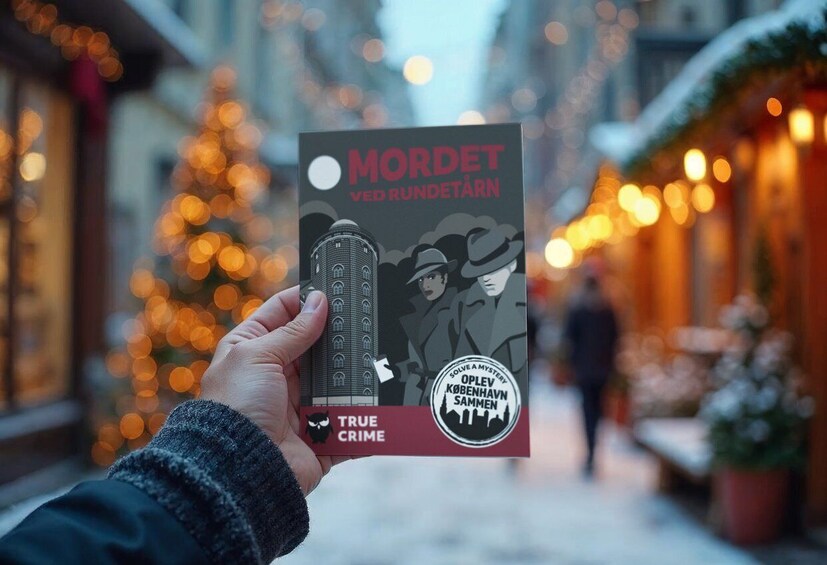 A person holding a book titled 'Mordet ved Rundetårn' with a 'True Crime' label. 5
