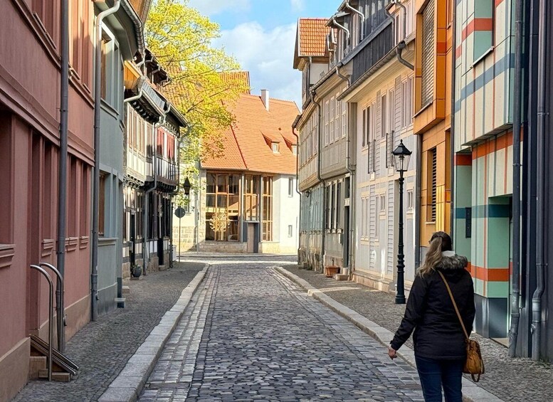 A cobblestone street lined with historic buildings, a woman walking down the street, and a tree with yellow leaves. 4